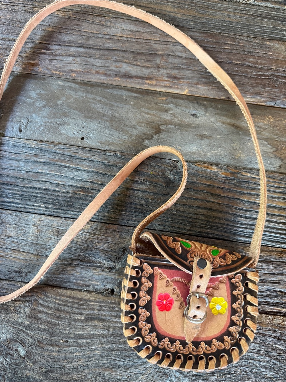 Handmade vintage raw leather tooled hand painted Mexican mini crossbody